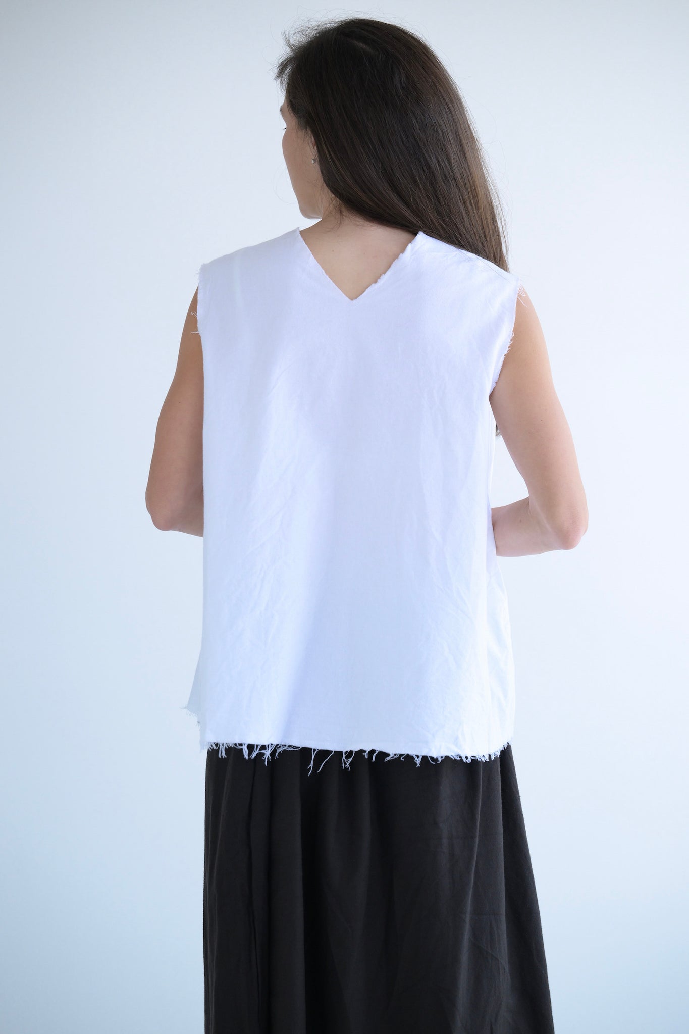 Flannel V Back Sleeveless Top  in White