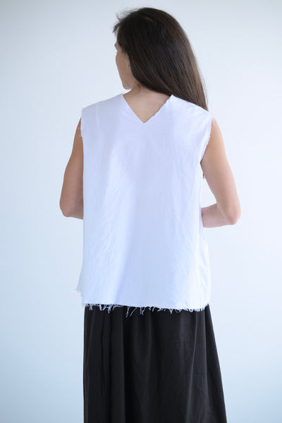 Flannel V Back Sleeveless Top  in White
