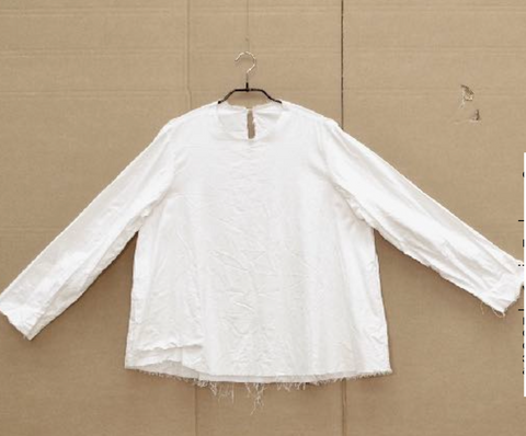 Round Neck Shirt in  White Cotton Flannel