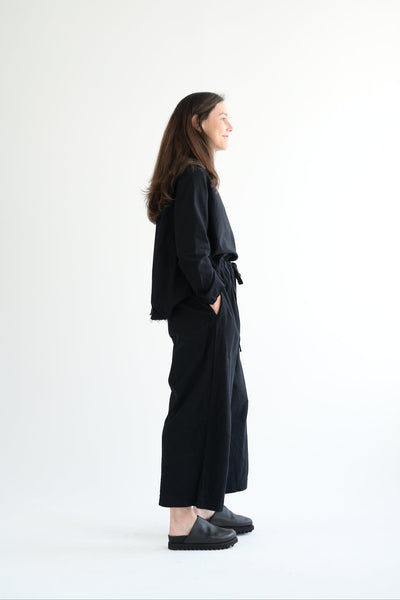 Deep Pocket Wide Leg Flannel Pants in Black