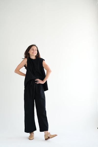 Deep Pocket Wide Leg Flannel Pants in Black