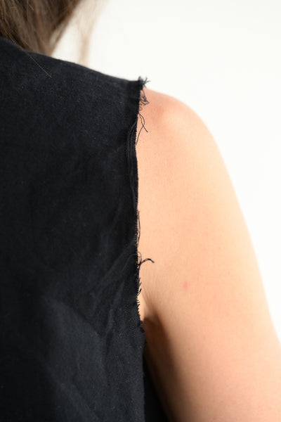 Round Neck Sleeveless Top in Black Cotton Flannel