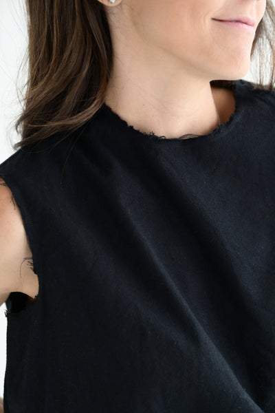 Round Neck Sleeveless Top in Black Cotton Flannel