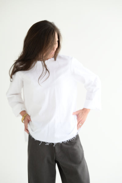 Round Neck Shirt in  White Cotton Flannel