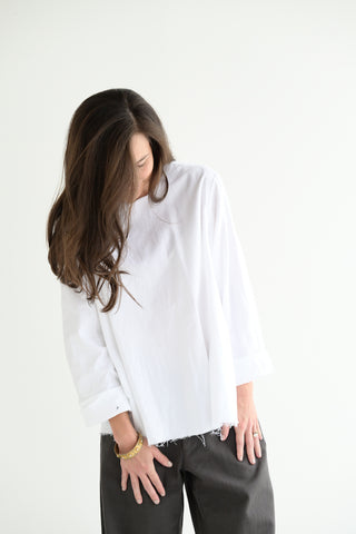 Round Neck Shirt in  White Cotton Flannel