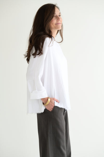 Round Neck Shirt in  White Cotton Flannel